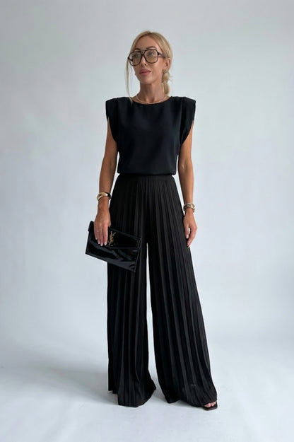 Padded Shoulder Pleated Jumpsuit