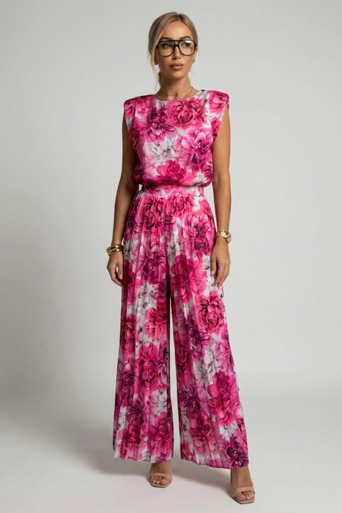 Padded Shoulder Pleated Jumpsuit