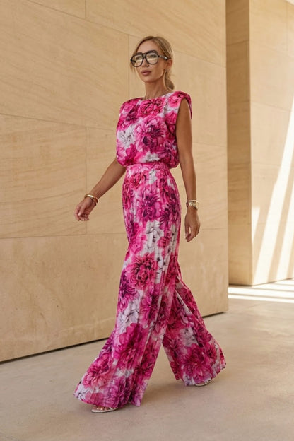 Padded Shoulder Pleated Jumpsuit