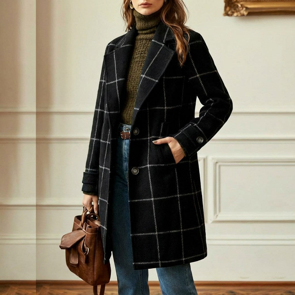 Plaid Button Front Long Coat