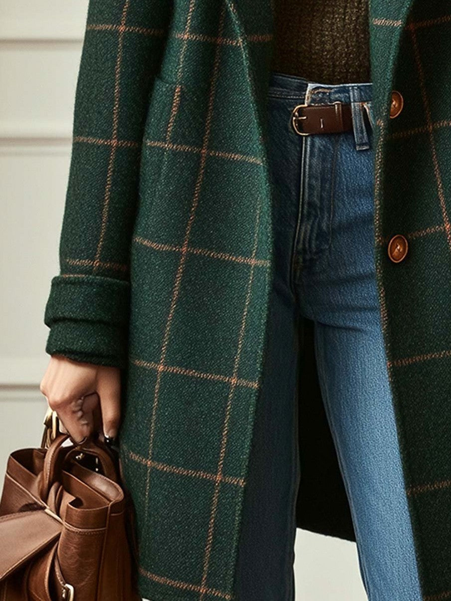 Plaid Button Front Long Coat