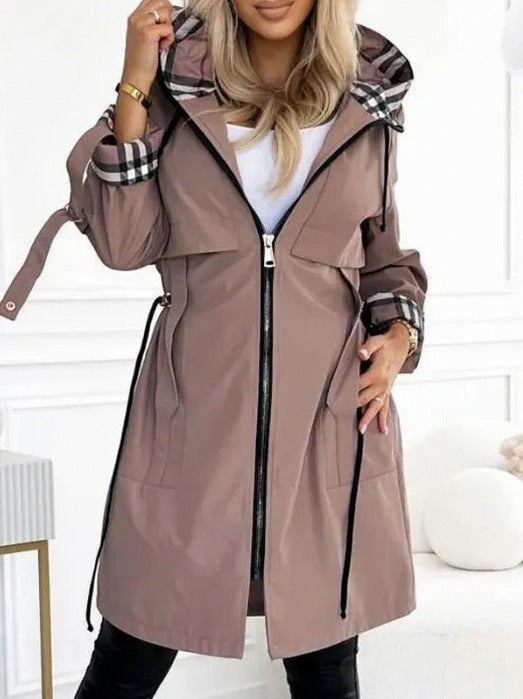 Plaid Trim Hooded Long Sleeve Trench Coat