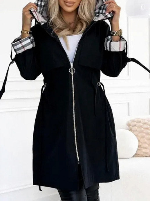Plaid Trim Hooded Long Sleeve Trench Coat