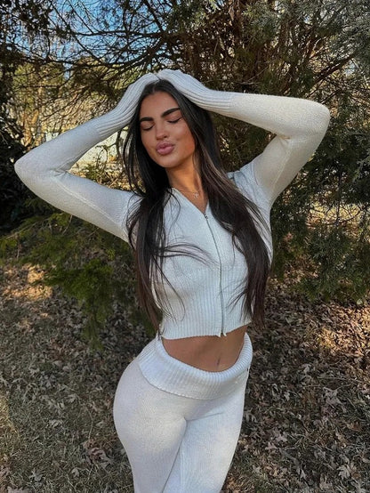 Ribbed Knit Long Sleeve Cardigan Matching Set