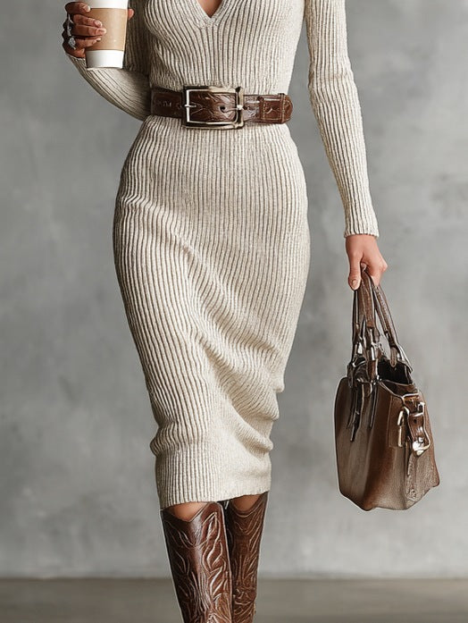 Ribbed Knit Long Sleeve Midi Sweater Dress