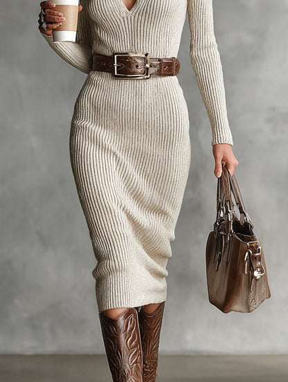 Ribbed Knit Long Sleeve Midi Sweater Dress