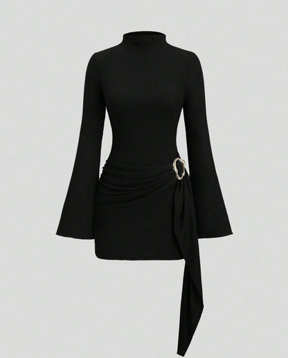 Ribbed Knit Long Sleeve Mock Neck Mini Dress