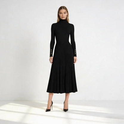 Ribbed Mock Neck Pleated Midi Dress