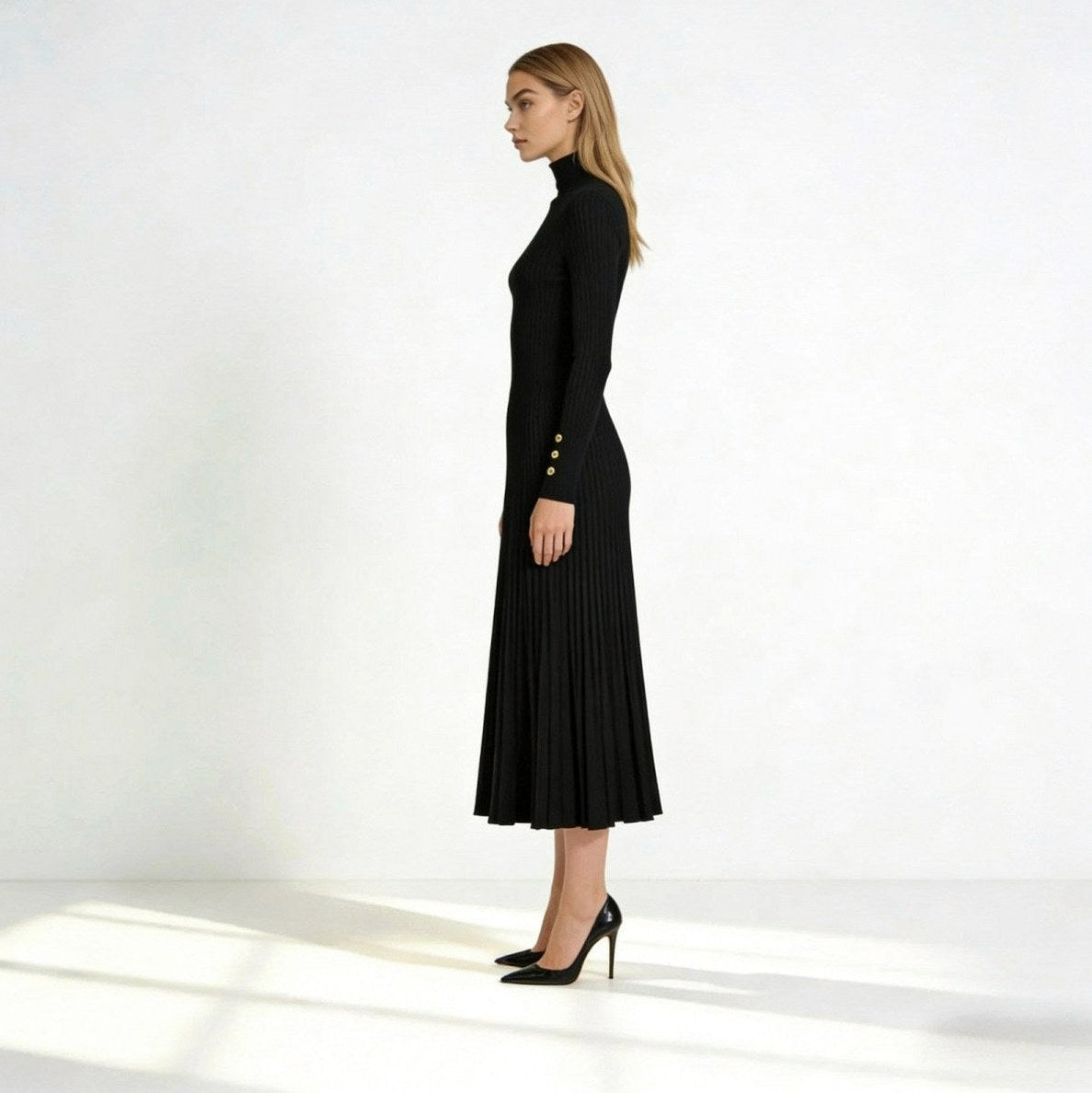 Ribbed Mock Neck Pleated Midi Dress