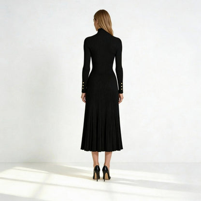 Ribbed Mock Neck Pleated Midi Dress
