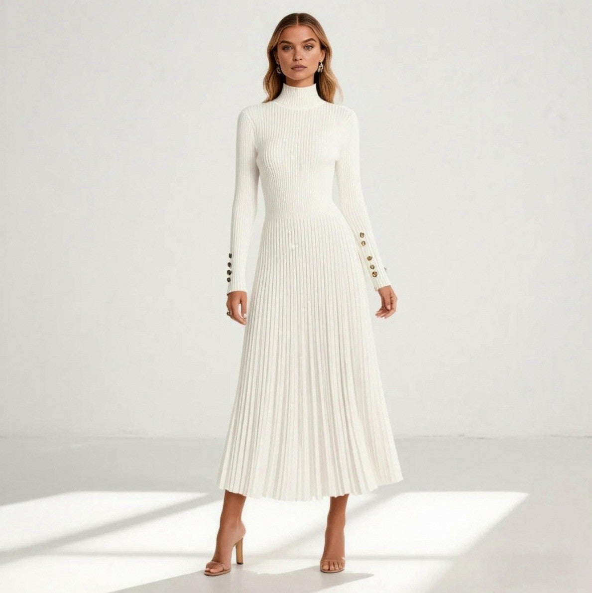 Ribbed Mock Neck Pleated Midi Dress