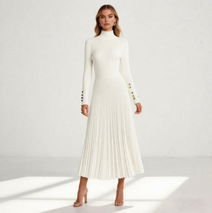 Ribbed Mock Neck Pleated Midi Dress