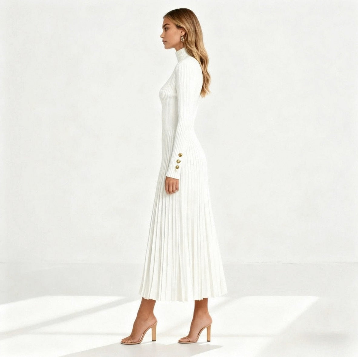 Ribbed Mock Neck Pleated Midi Dress