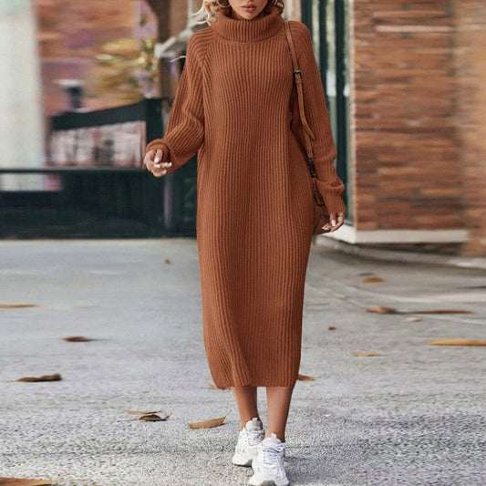 Ribbed Long Sleeve Turtleneck Midi Sweater Dress