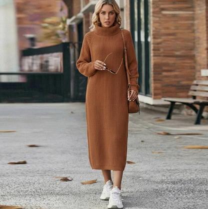 Ribbed Long Sleeve Turtleneck Midi Sweater Dress