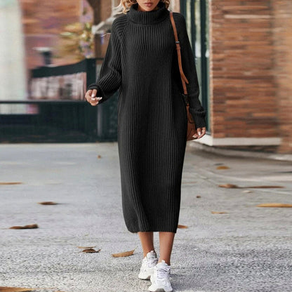 Ribbed Long Sleeve Turtleneck Midi Sweater Dress