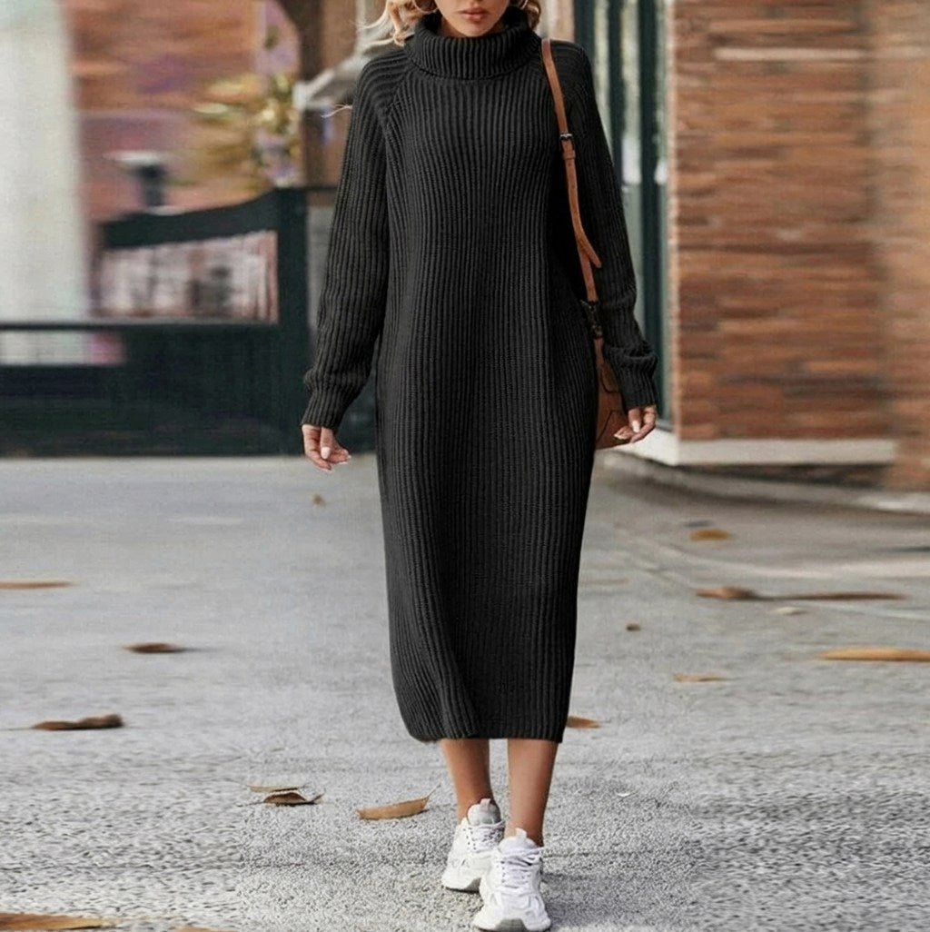 Ribbed Long Sleeve Turtleneck Midi Sweater Dress