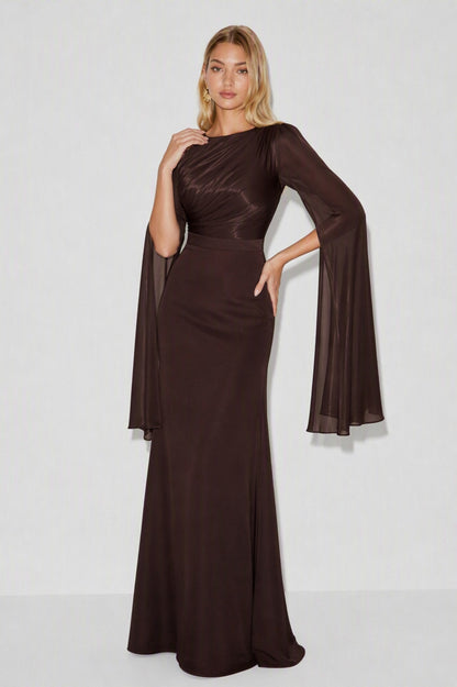 Ruched Long Sleeve Cape Maxi Dress