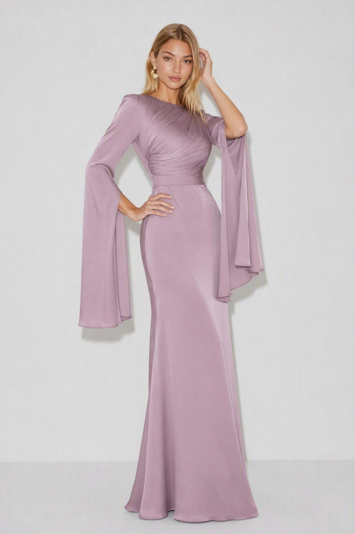 Ruched Long Sleeve Cape Maxi Dress