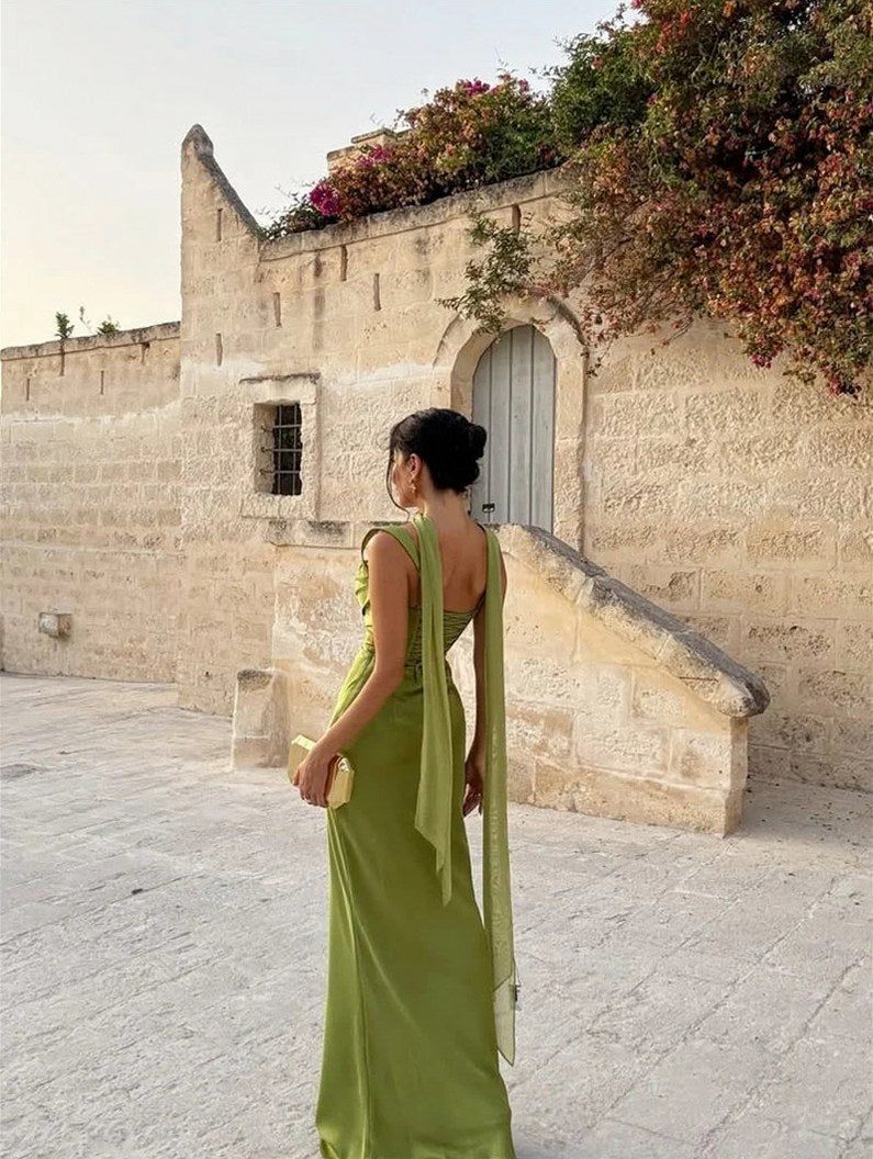 Satin Cowl Neck Ruched Maxi Dress