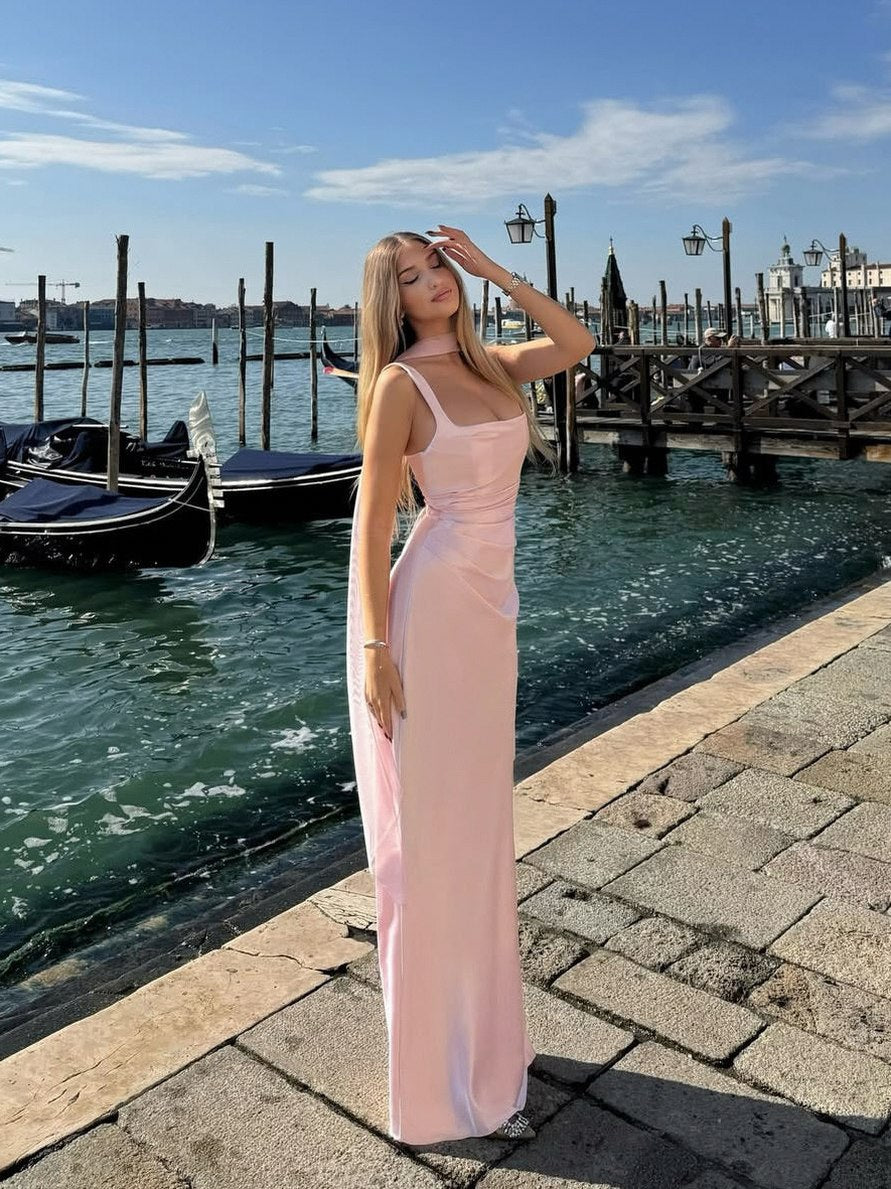 Satin Cowl Neck Ruched Maxi Dress