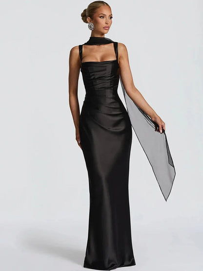 Satin Cowl Neck Ruched Maxi Dress
