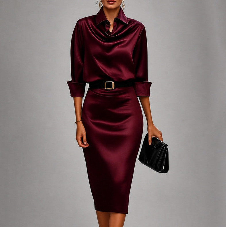 Satin Cowl Neck Midi Dress