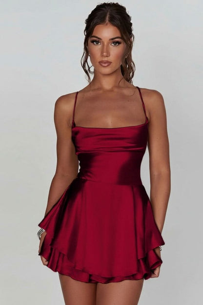 Satin Cowl Neck Tiered Mini Dress