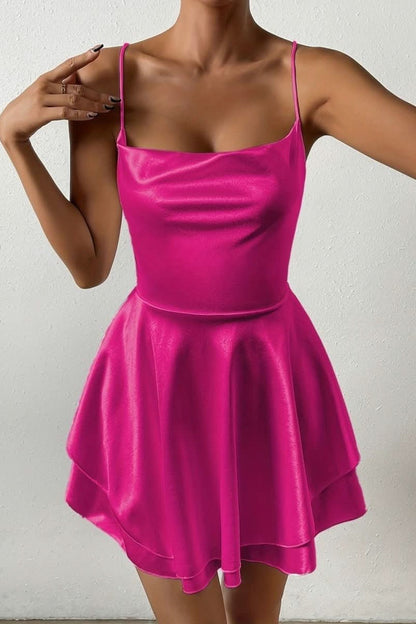 Satin Cowl Neck Tiered Mini Dress