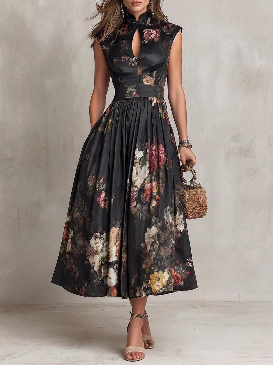 Satin Cap Sleeve Dark Floral Pleated Midi Dress