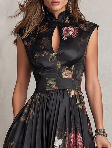 Satin Cap Sleeve Dark Floral Pleated Midi Dress