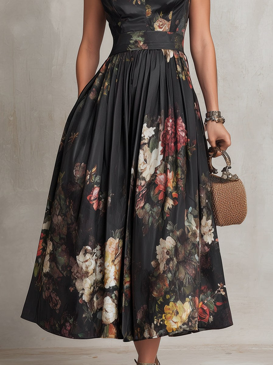 Satin Cap Sleeve Dark Floral Pleated Midi Dress
