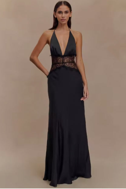 Satin Halter Lace Waist Maxi Dress