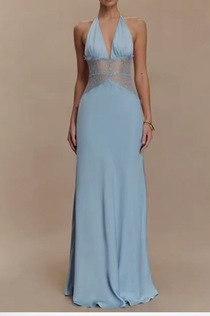 Satin Halter Lace Waist Maxi Dress