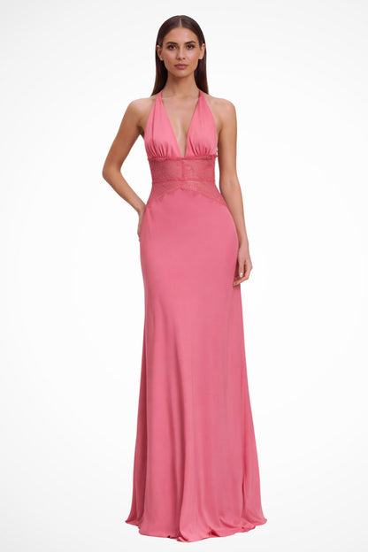 Satin Halter Lace Waist Maxi Dress
