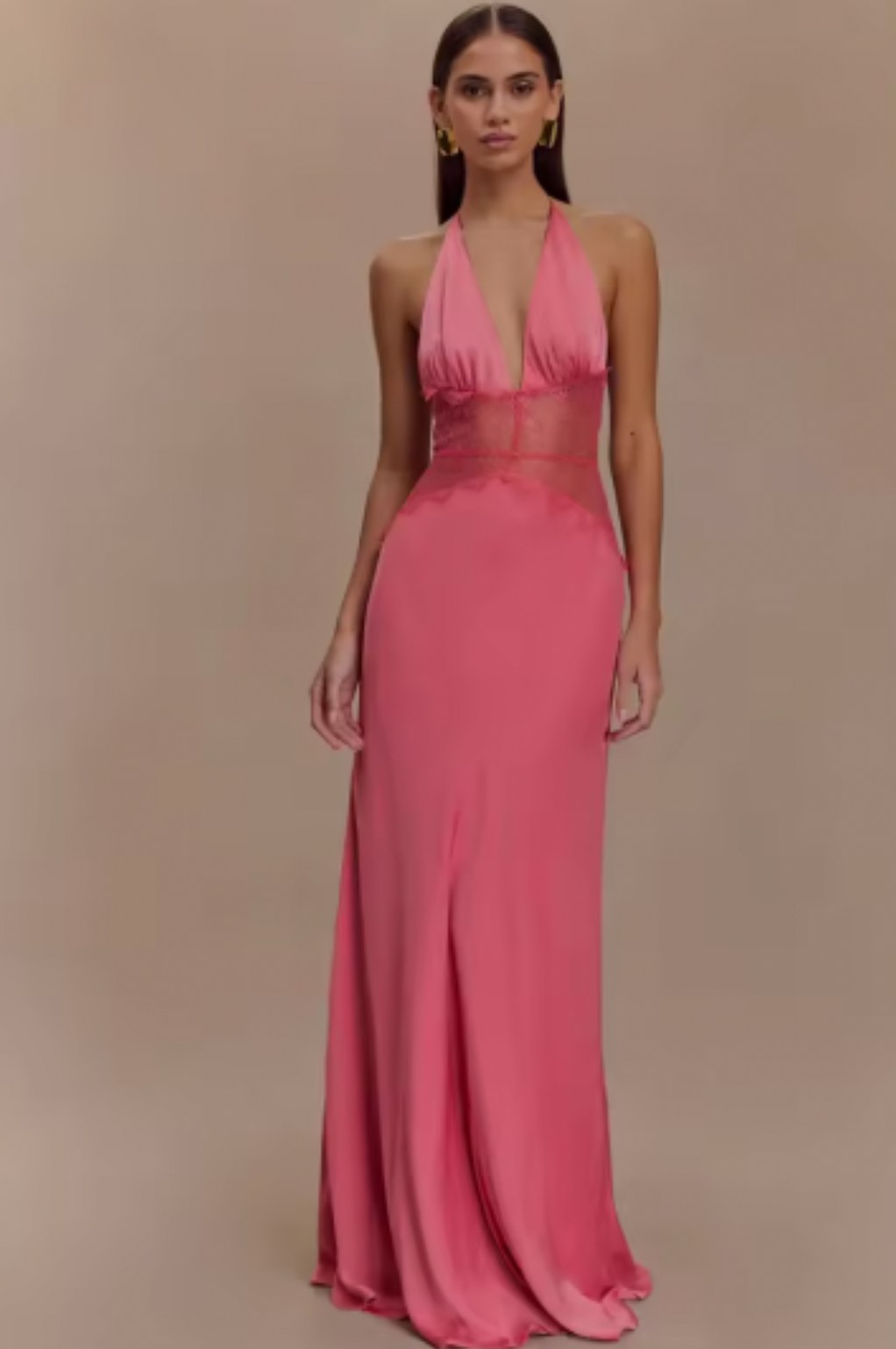 Satin Halter Lace Waist Maxi Dress