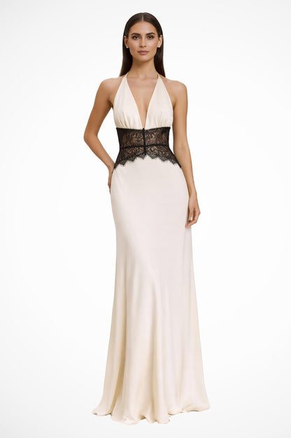 Satin Halter Lace Waist Maxi Dress