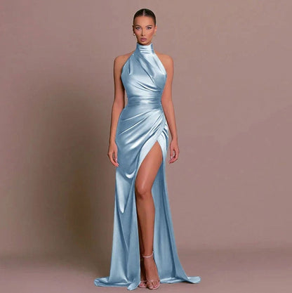 Satin Halter Ruched Maxi Dress
