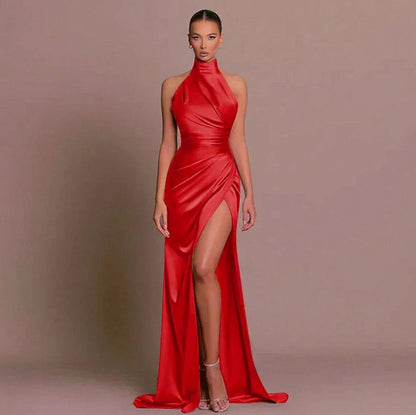 Satin Halter Ruched Maxi Dress