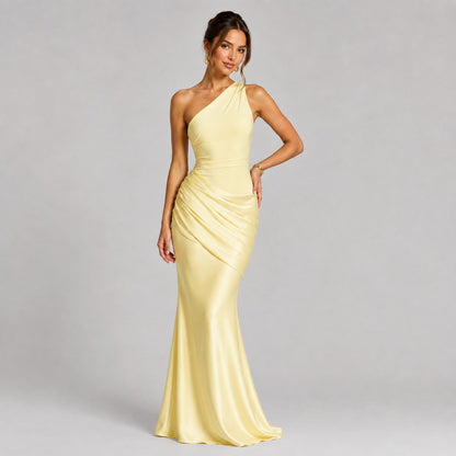 Satin One Shoulder Ruched Maxi Dress