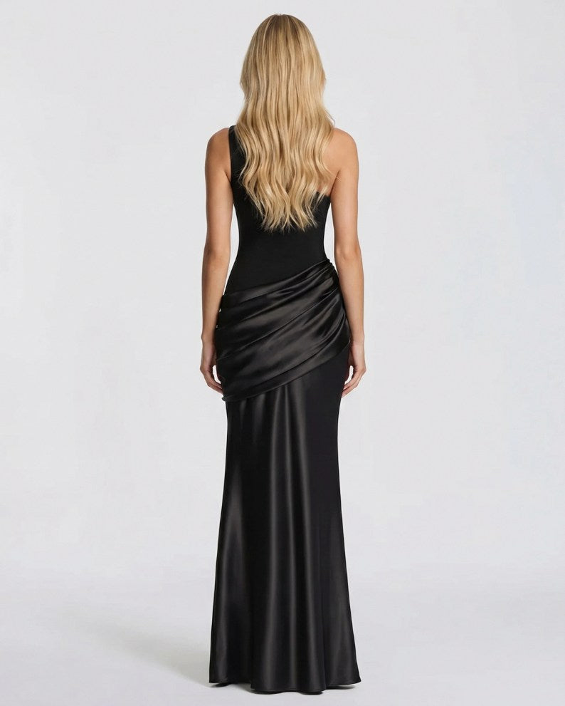 Satin One Shoulder Drop Waist Maxi Dress