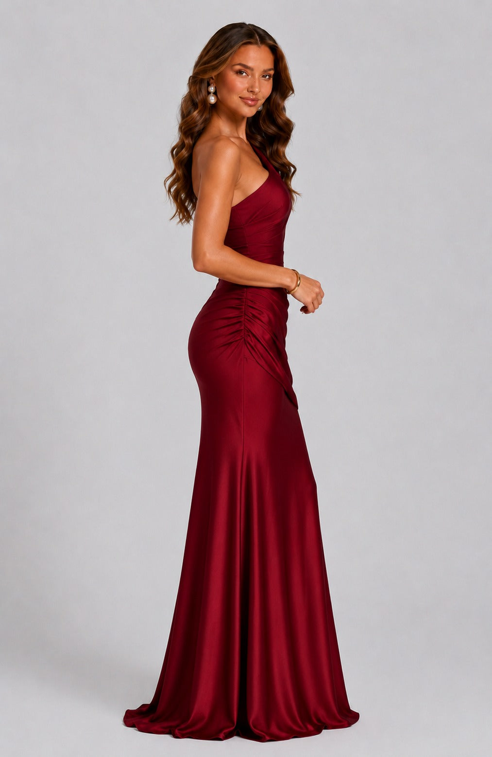 Satin One Shoulder Ruched Maxi Dress