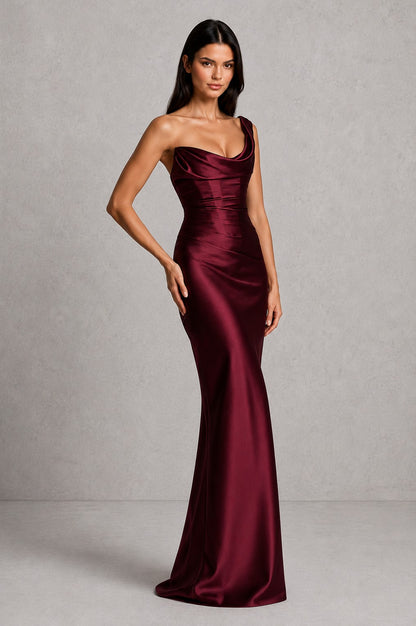 Satin One Shoulder Cowl Maxi Dress