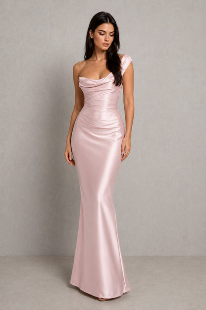 Satin One Shoulder Cowl Maxi Dress