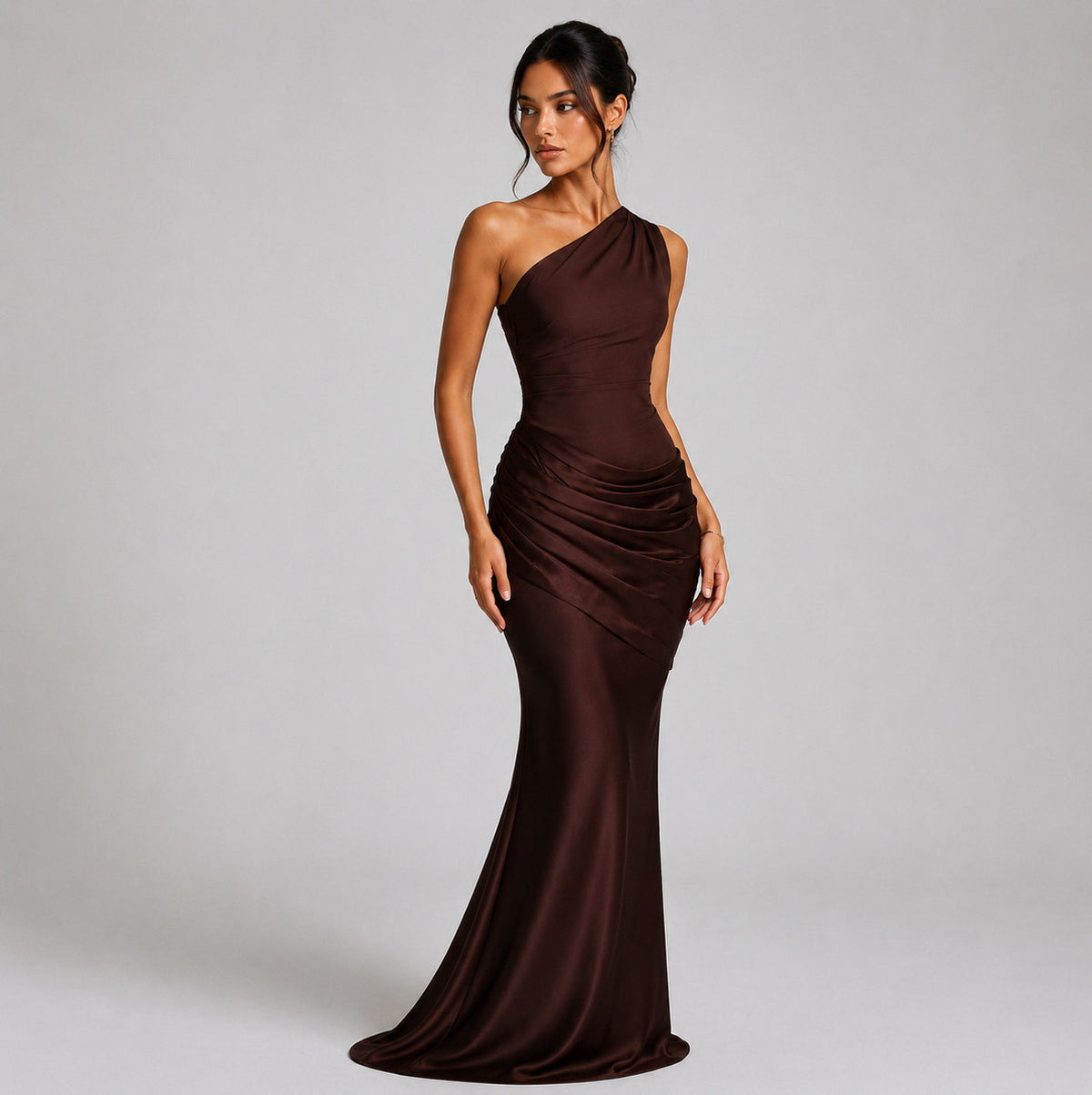 Satin One Shoulder Ruched Maxi Dress