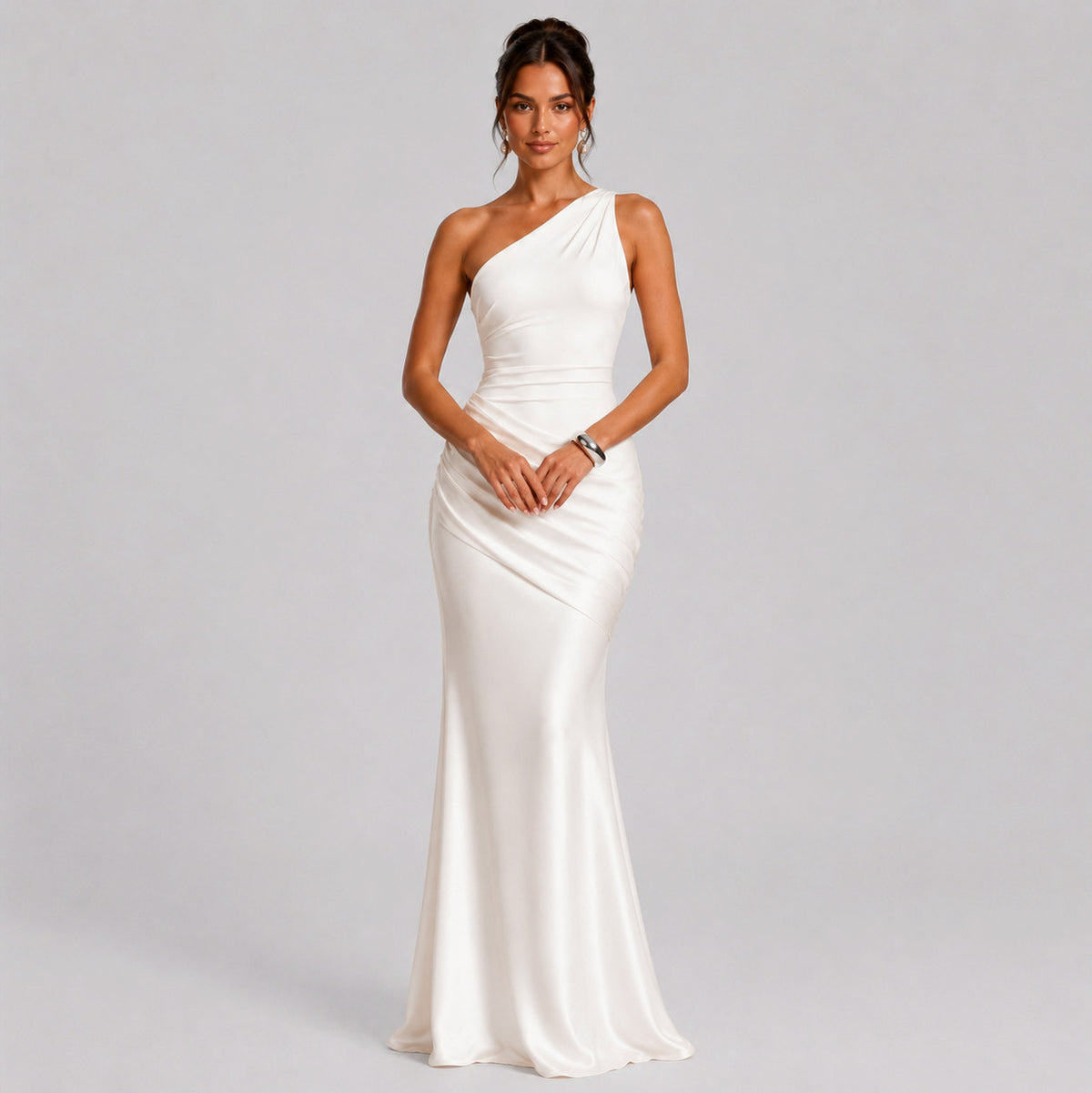 Satin One Shoulder Ruched Maxi Dress