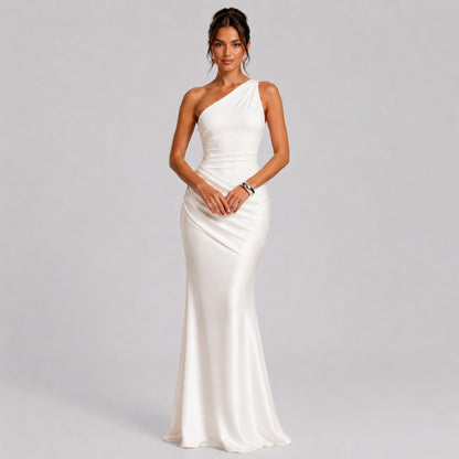 Satin One Shoulder Ruched Maxi Dress
