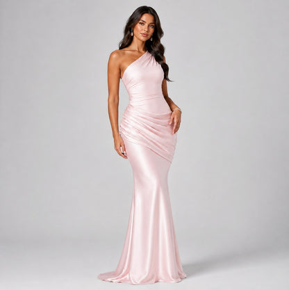 Satin One Shoulder Ruched Maxi Dress
