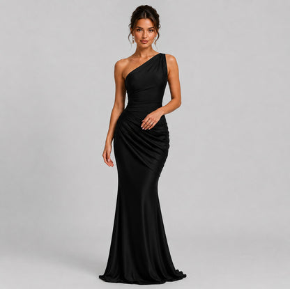 Satin One Shoulder Ruched Maxi Dress