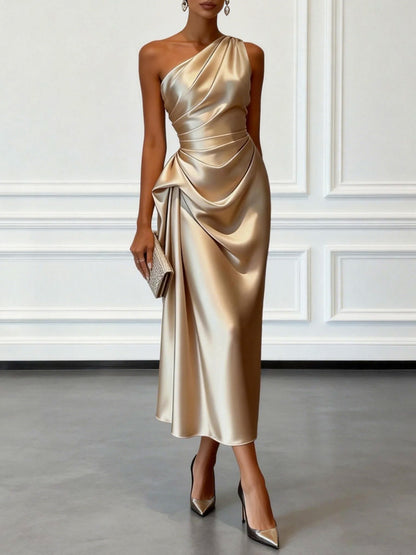 Satin One Shoulder Midi Dress